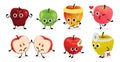 Apple characters. Cartoon fruit mascots with funny faces. Green, red and yellow organic products. Sport and healthy Royalty Free Stock Photo