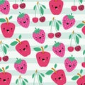 Apple cherries and strawberries kawaii fruits pattern set with face expression on decorative lines color background