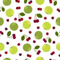 Apple cherry juicy summer seamless pattern with a picture of a ripe green apple and red cherry and green leaves. Summer Royalty Free Stock Photo