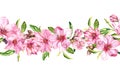 Apple, cherry pink flowers. Seamless floral stripe frame. Horizontal watercolour painted border Royalty Free Stock Photo