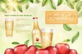 Apple cider. Ad label. Whole red fruits and glass bottle. Drink refreshing beer. Hang tree. Sparkling leaves. Commercial Royalty Free Stock Photo