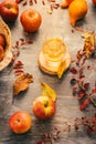 Apple cider - autumn composition with pumpkins, autumn leaves, red apples Royalty Free Stock Photo