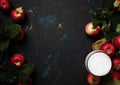 Apple cider in beer glass with fresh apples, black background, t Royalty Free Stock Photo