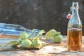 Apple cider poured into bottles. Glasses filled with apple cider vinegar stand on an old vintage table. In warm colors. summer Royalty Free Stock Photo