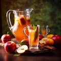 Apple cider cocktail with red oranges and spices in glasses and jug on table