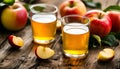 Apple cider and fruit on wooden background Royalty Free Stock Photo