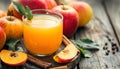 Apple cider and fruit on wooden background Royalty Free Stock Photo