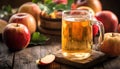 Apple cider and fruit on wooden background Royalty Free Stock Photo