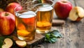 Apple cider and fruit on wooden background Royalty Free Stock Photo