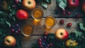 Apple cider and fruit on wooden background Royalty Free Stock Photo