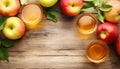 Apple cider and fruit on wooden background Royalty Free Stock Photo