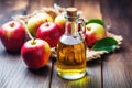 apple cider vinegar in a clear bottle with fresh apples Royalty Free Stock Photo
