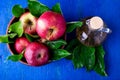 Apple cider vinegar in glass bottle on blue background. Red apples in brown bowl. Top view. Royalty Free Stock Photo