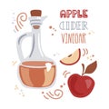 Apple cider vinegar. Glass pitcher with the fermented vinegar, fresh fruits and hand lettering.