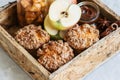 Apple cinnamon crumble muffins, salted caramel sauce, spices in