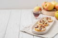 Apple circles with cream cheese, gorgonzola and spicy almond nuts Royalty Free Stock Photo