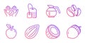 Apple, Coconut and Almond nut icons set. Tea bag, Coffee and Coffeepot signs. Vector Royalty Free Stock Photo