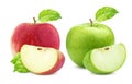 Apple collection. One green and single red apples and quarter piece isolated on white background Royalty Free Stock Photo
