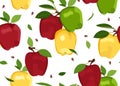 Apple colorful seamless pattern on white background. Red, Green and Yellow apples fruits Royalty Free Stock Photo