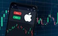 Apple company shares rise or fall on stock exchange market logo on mobile phone screen