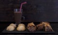 Apple cookies with a glass of hot chocolate and fruit decorated on the table Royalty Free Stock Photo