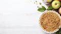 Apple crumble in baking dish on white wooden background. Top view with copy space Generative AI