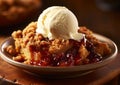 Apple crumble cake pie with vanilla ice cream on table.Macro.AI generative