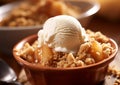 Apple crumble cake pie with vanilla ice cream on table.Macro.AI generative