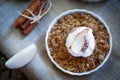 Apple Crumble Dessert With Cinnamon And Vanilla Ice Cream On Wooden Background Royalty Free Stock Photo