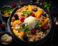 apple crumble with ice cream in a bowl on a black background