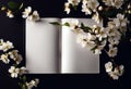 apple dark concept background A text white open page beautiful black holiday blank tree branch blooming flowers cherry Spring