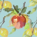 An apple in a decorative manner on a background of lemons on a branch