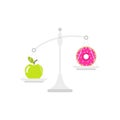 Apple and doughnut on scales. Diet concept. Healthy and unhealthy food Royalty Free Stock Photo