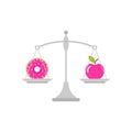 Apple and doughnut on scales. Diet concept. Healthy and unhealthy food. Royalty Free Stock Photo