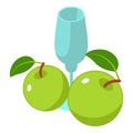 Apple drink icon isometric vector. Glass goblet near fresh green apple with leaf