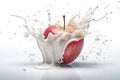 Apple Falling Into Yogurt On White Background. Generative AI