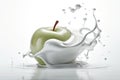 Apple Falling Into Yogurt On White Background. Generative AI