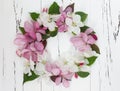 Apple flower blossom wreath on an old vintage wooden background Royalty Free Stock Photo