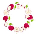 Apple frame. Round seasonal fruit border. Wreath with Whole, bitten, cut, core aplle isolated. Hot season fruit