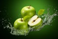 Apple freshness Water splashing on green apple and cut slice Royalty Free Stock Photo