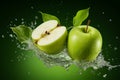 Apple freshness Water splashing on green apple and cut slice Royalty Free Stock Photo