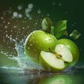 Apple freshness Water splashing on green apple and cut slice Royalty Free Stock Photo