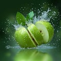 Apple freshness Water splashing on green apple and cut slice Royalty Free Stock Photo