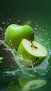 Apple freshness Water splashing on green apple and cut slice Royalty Free Stock Photo