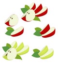 Apple fruit red and green. Apple quarter, slices and apple leaf isolated on white background. Apples Raster illustration Royalty Free Stock Photo