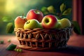 Apple fruits in Bamboo basket on wooden table, Apples group freshly picked in a basket on a wooden table, Generative AI