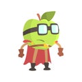 Apple In Glasses Wearing Cape Superhero Costume, Part Of Fruits In Fantasy Disguises Series Of Cartoon Silly Characters