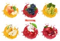 Apple, grapes, pear, cherry, pomegranate juice. Fresh fruits and splashes, 3d realistic vector icon set