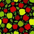 Apple, green and red and leaves, flat desgin illustration, over dark background seamless pattern. Royalty Free Stock Photo