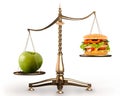 Apple and hamburger on scales conceptual hi-res